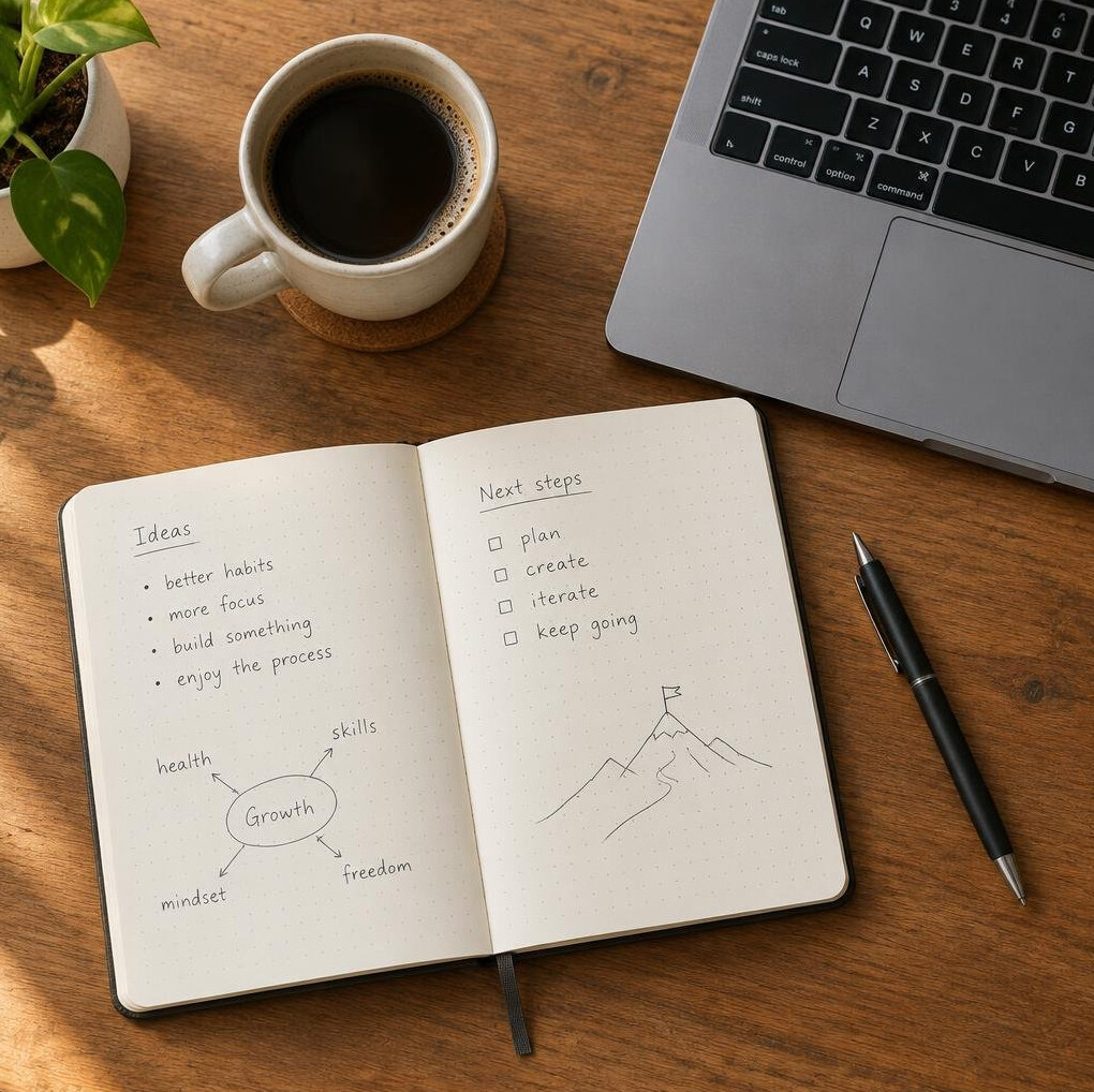 Notebook and laptop on a wooden desk