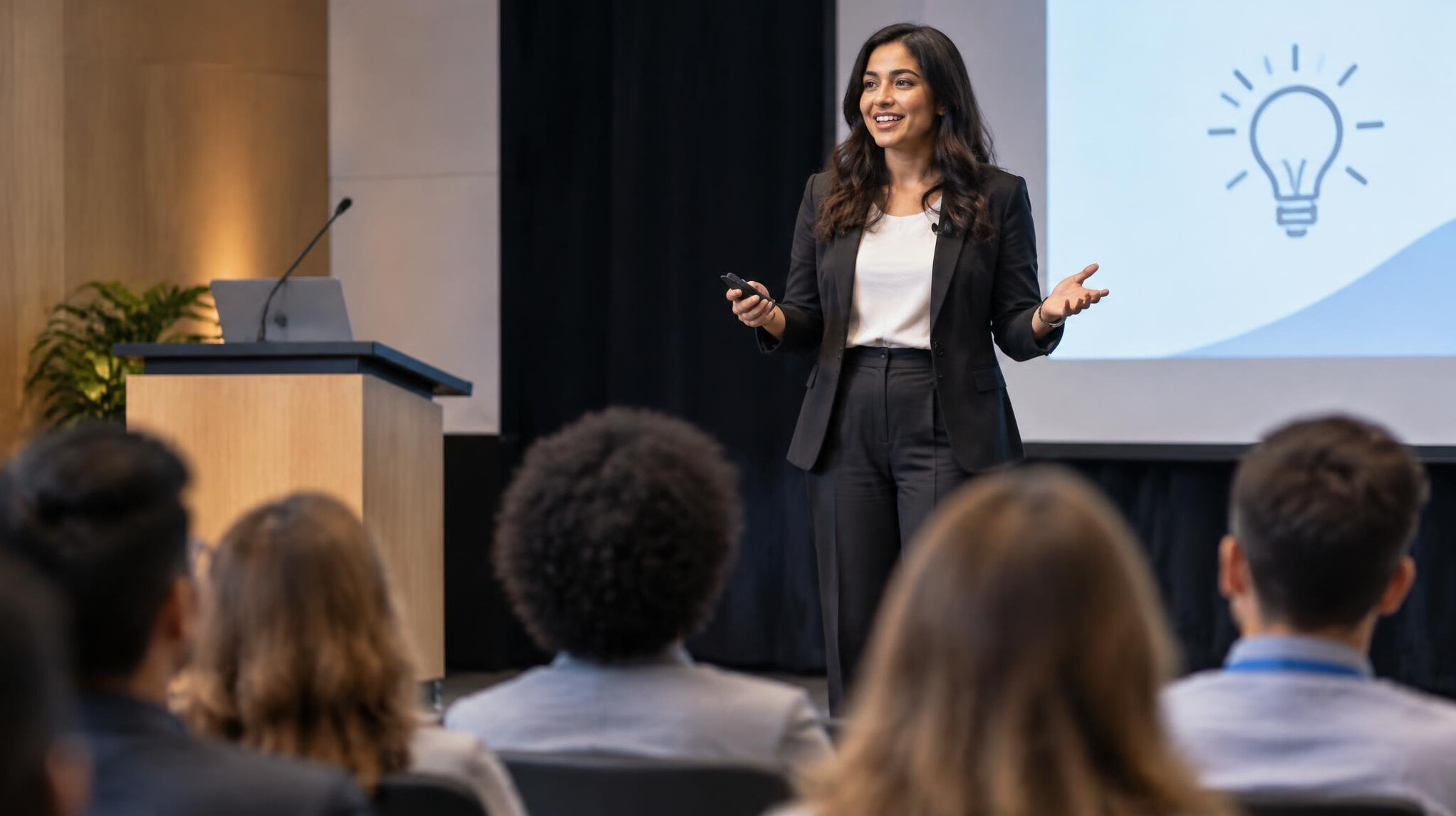 confident speaker on stage