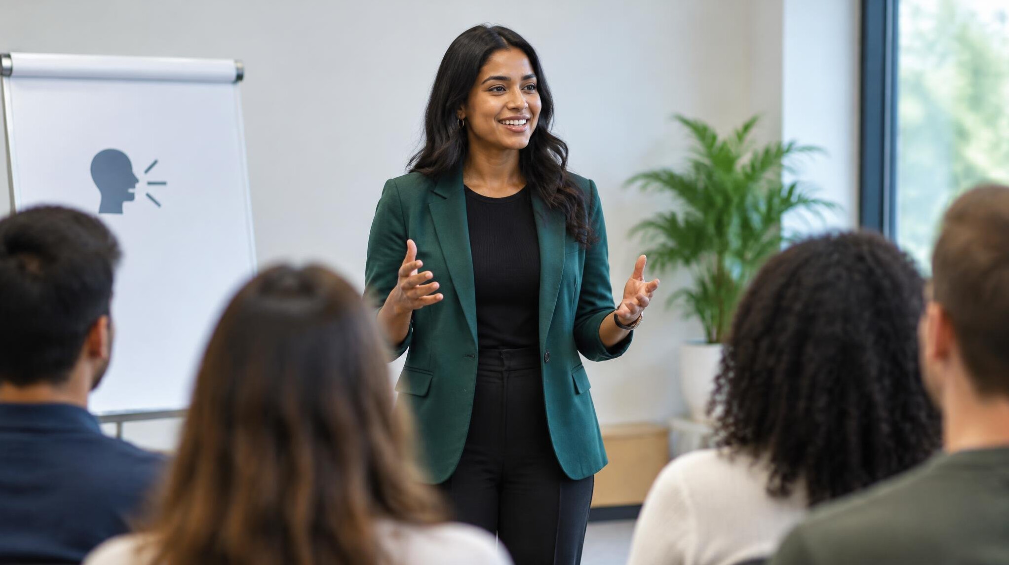 confident speaker presenting to group