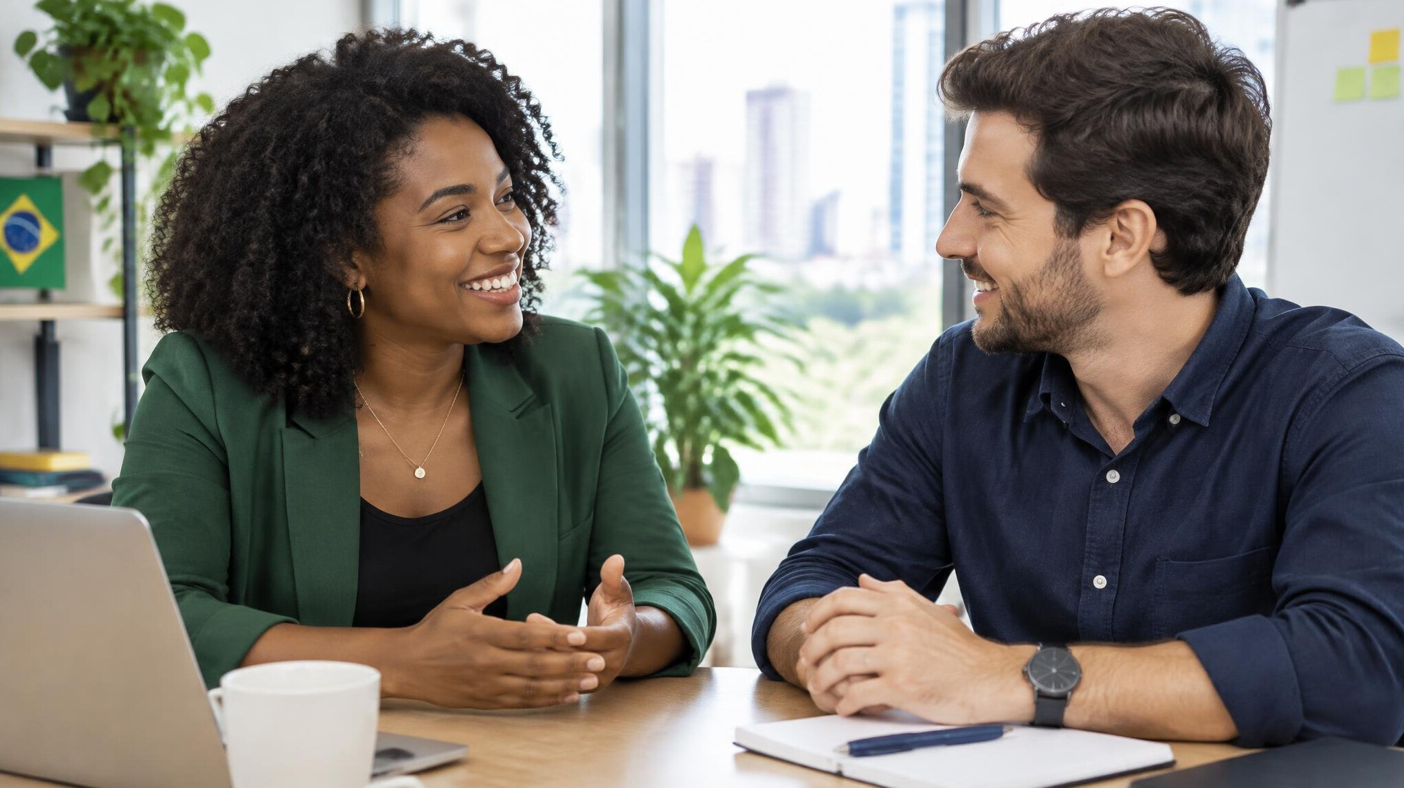 Colleagues talking in a friendly meeting